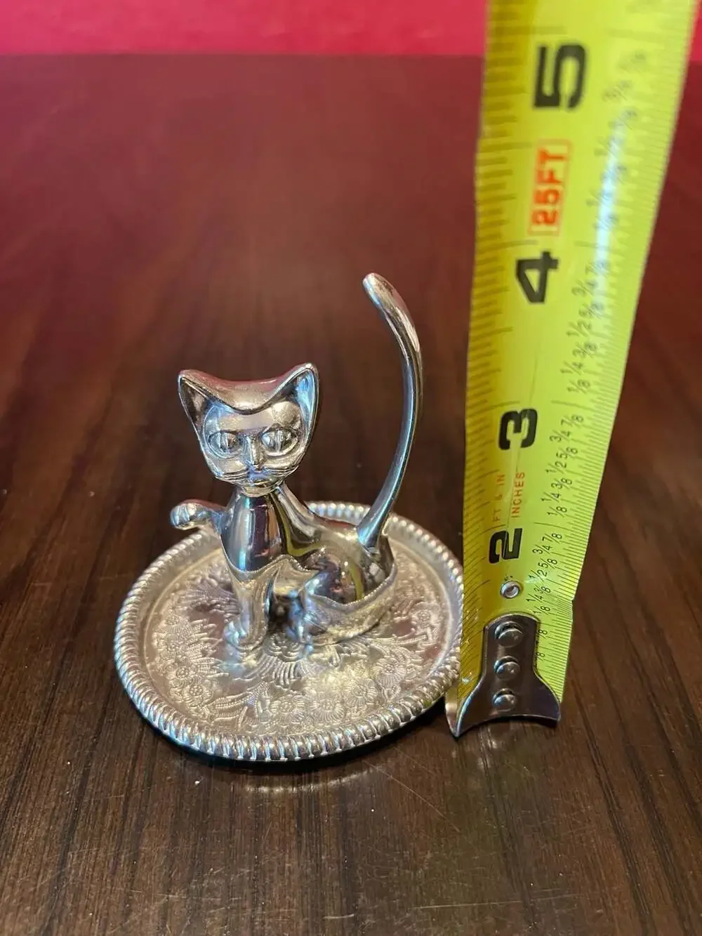 Vintage Kitty Cat Ring Jewelry Holder Tray Floral Engrave Base Midcentury Silver